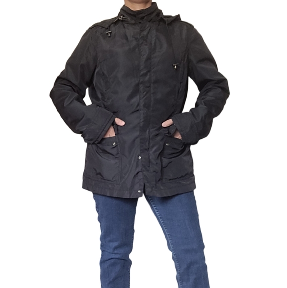 Zara Basic Black Coat Jacket with Removable and Adjustable Hood Size Large - Picture 2 of 11